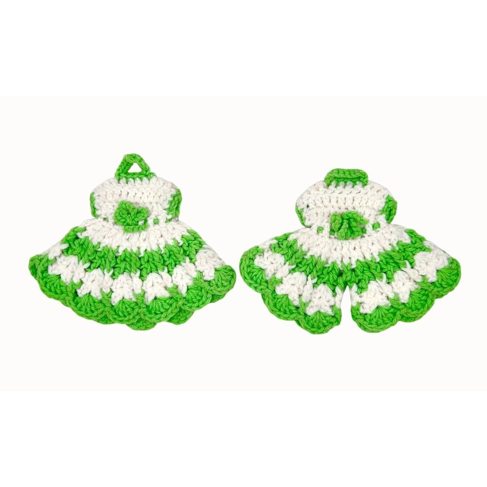 VTG Lot of 2 Handmade Crochet Dress & Pants Kitchen Pot Holders MCM Kitsch